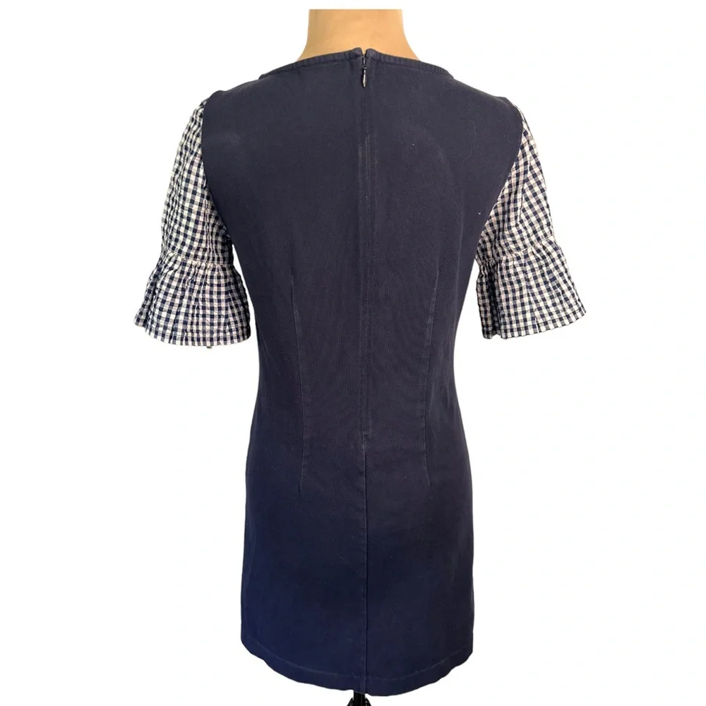 J.Crew Navy Shift Dress Gingham Bell Sleeve Coastal Preppy XS